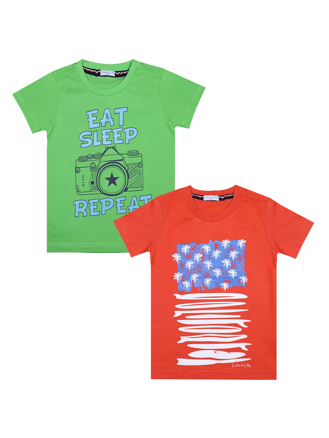 

Luke Lilly Boys Pack of 2 Printed Round Neck Pure Cotton T-shirt, Red