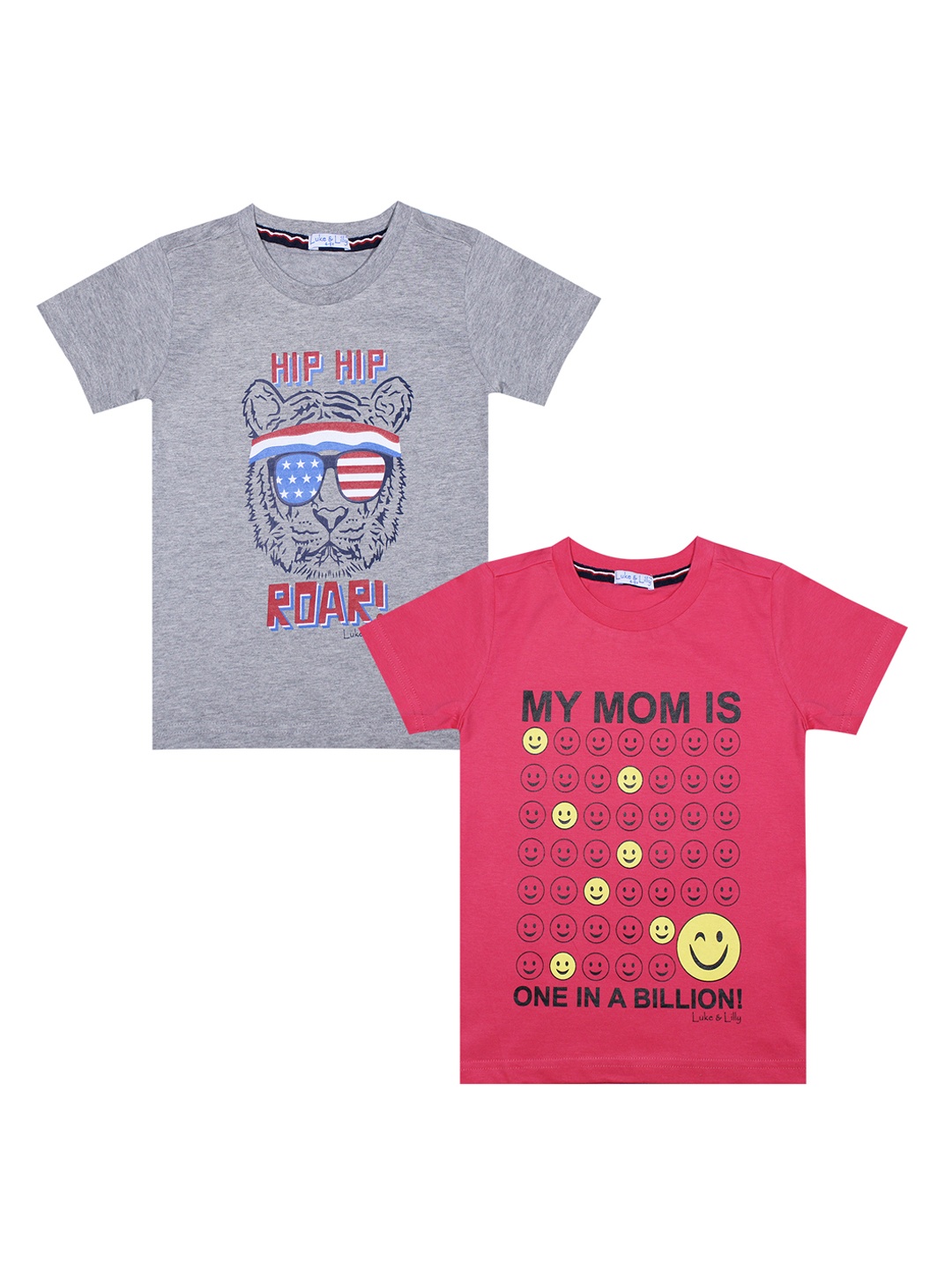 

Luke Lilly Boys Pack of 2 Printed Round Neck Pure Cotton T-shirt, Grey