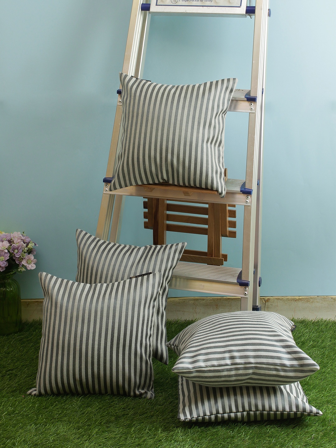 

ROMEE Grey & White Set of 5 Striped Square Cushion Covers