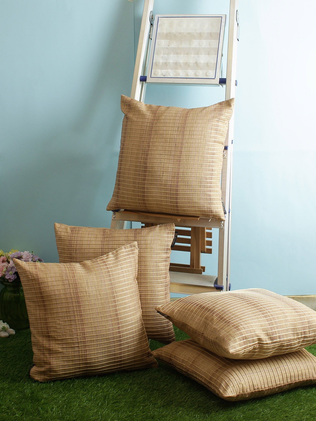 

ROMEE Beige Set of 5 Self Design Square Cushion Covers