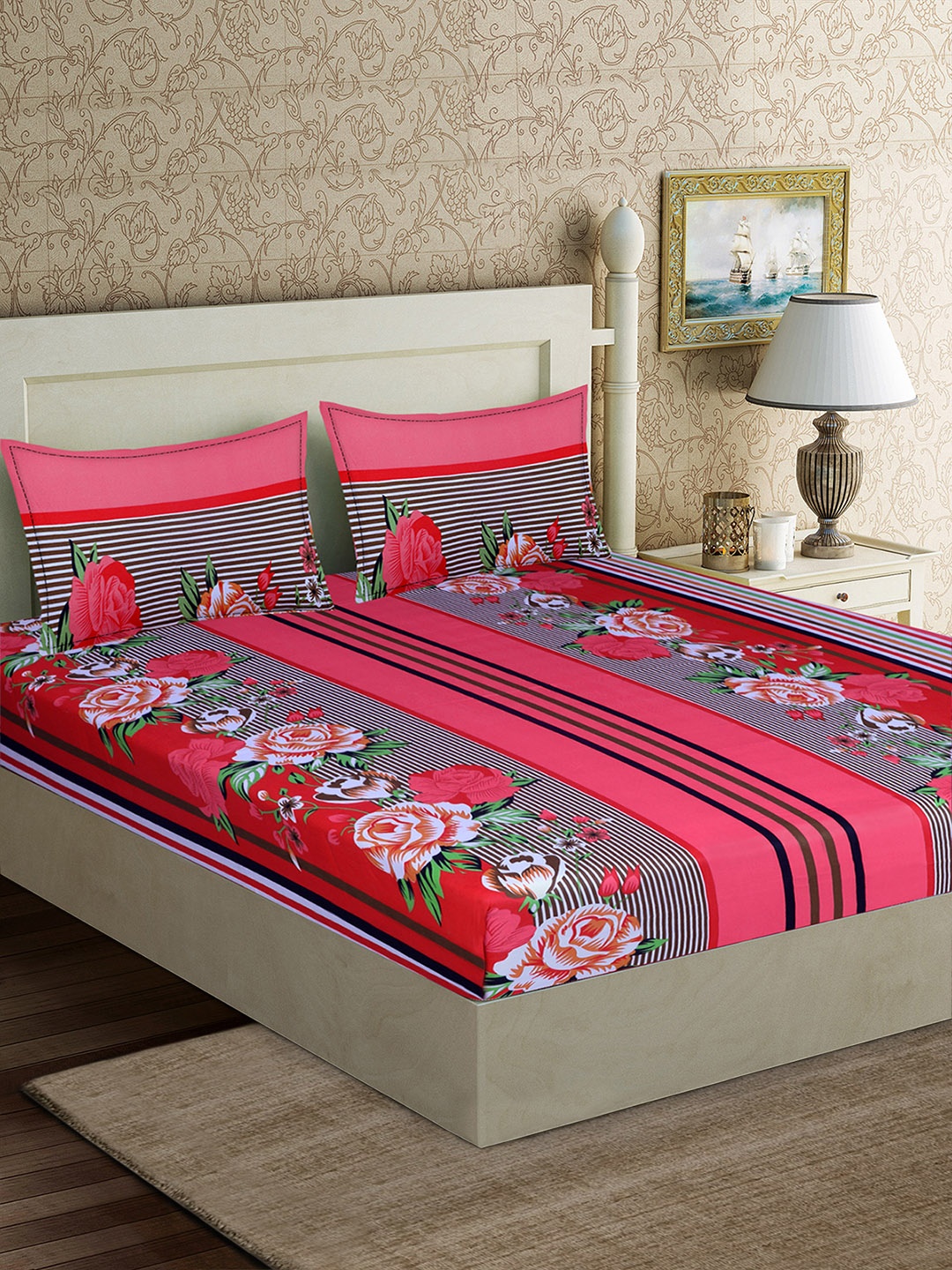 

Good Homes by Home Candy Pink & Black Floral 152 TC Polyester 1 Queen Bedsheet with 2 Pillow Covers
