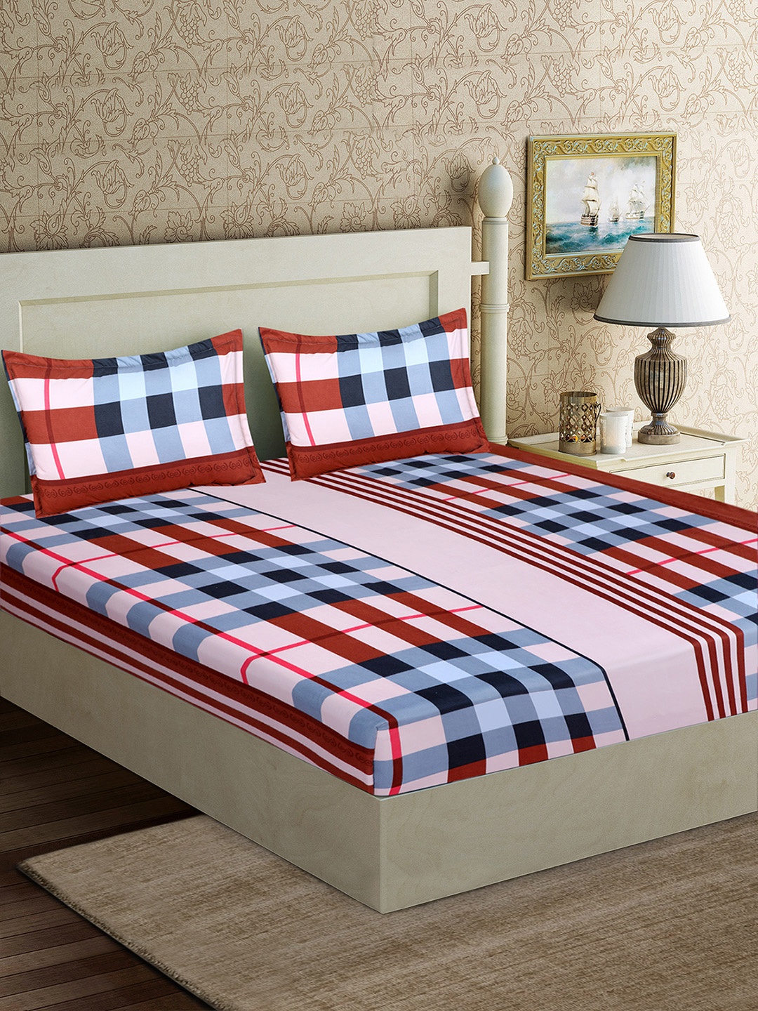 

Good Homes by Home Candy Red & Blue Geometric 152 TC Polyester 1 Queen Bedsheet with 2 Pillow Covers