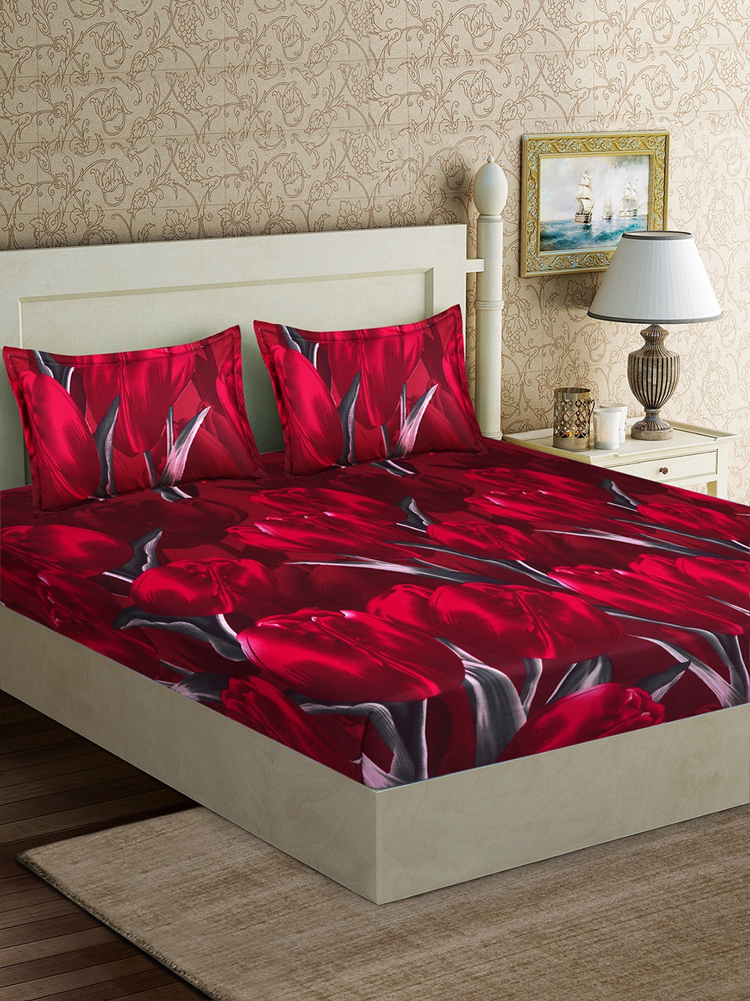 

Good Homes by Home Candy Maroon & Black Floral 152 TC Polyester 1 Queen Bedsheet with 2 Pillow Covers