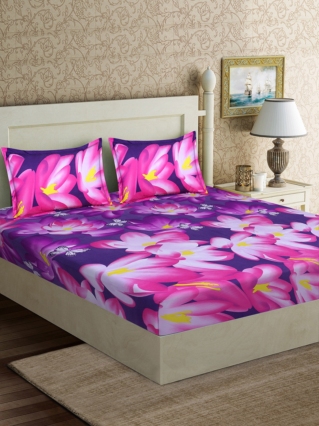 

Good Homes by Home Candy Purple & Yellow Floral 152 TC Polyester 1 Queen Bedsheet with 2 Pillow Covers