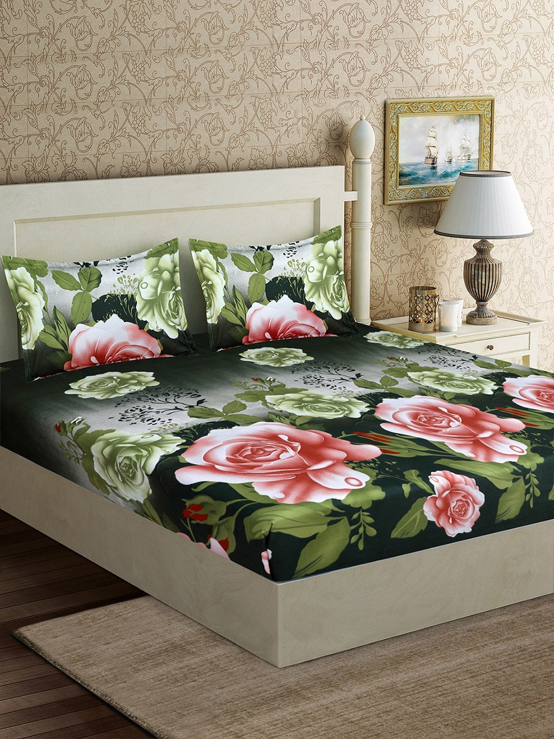

Good Homes by Home Candy Green & Pink Floral 152 TC Polyester 1 Queen Bedsheet with 2 Pillow Covers
