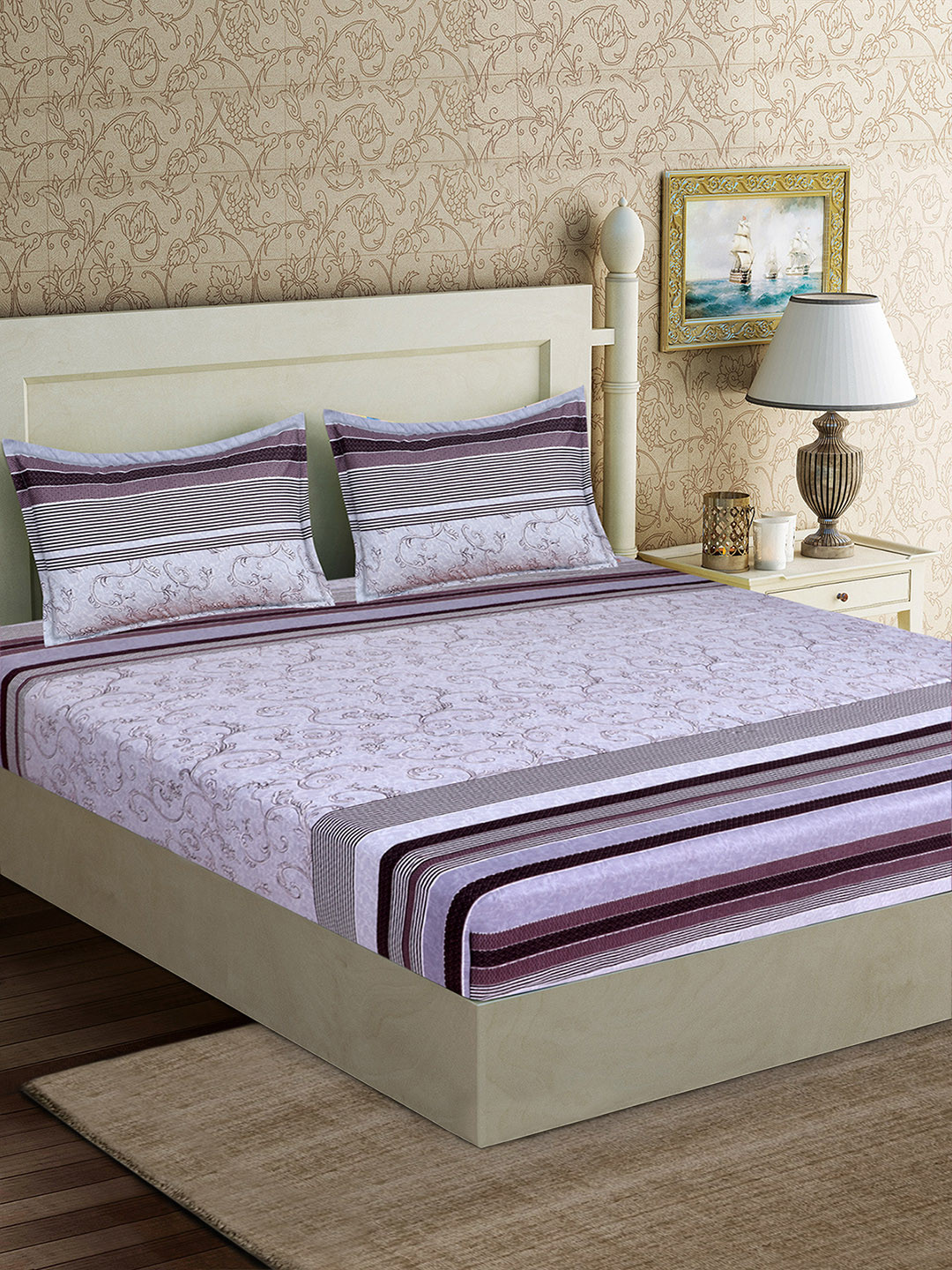 

Good Homes by Home Candy Purple Ethnic Motifs 152 TC Polyester 1 Queen Bedsheet with 2 Pillow Covers