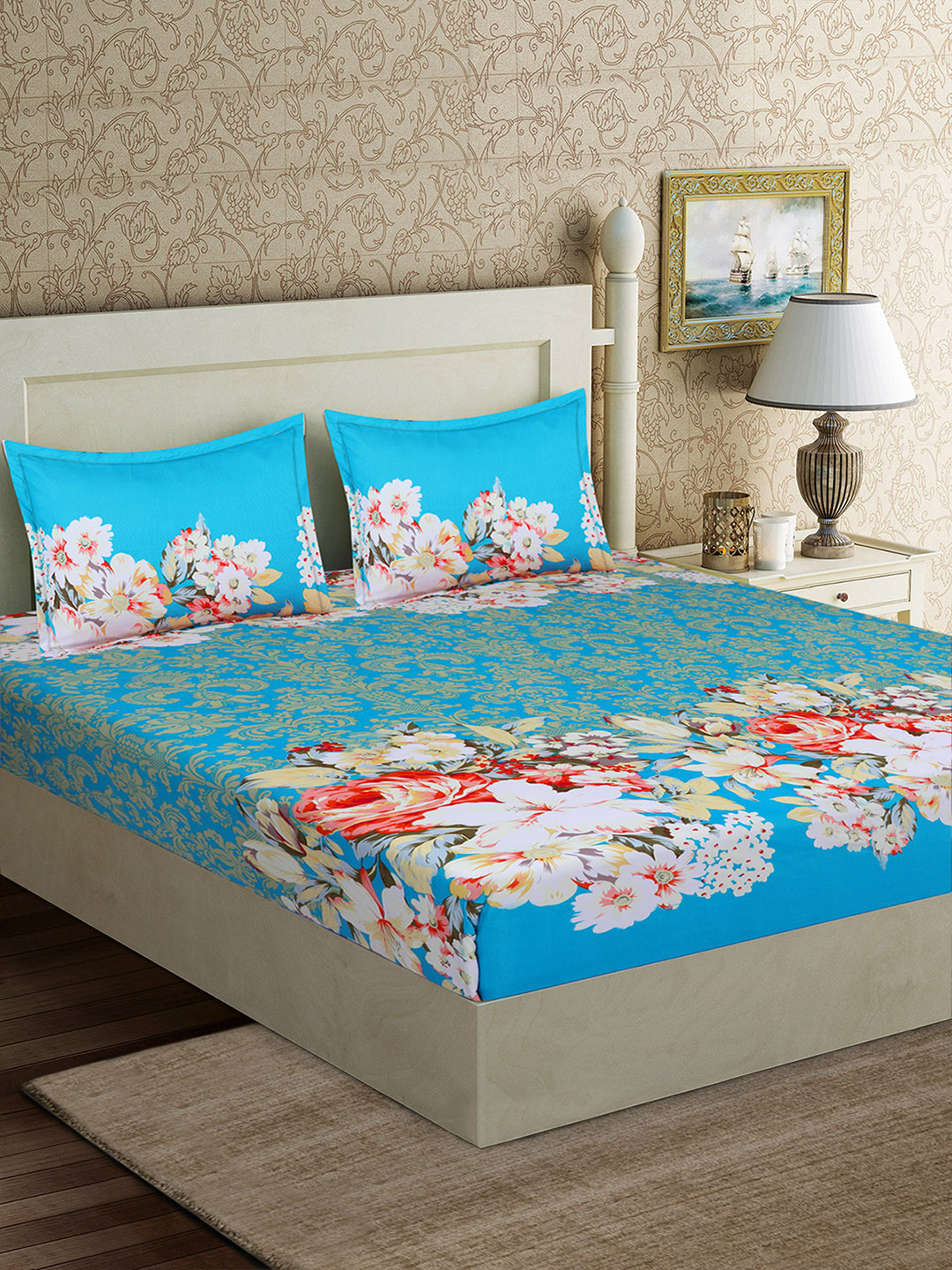 

Good Homes by Home Candy Blue & White Floral 152 TC Polyester 1 Queen Bedsheet with 2 Pillow Covers