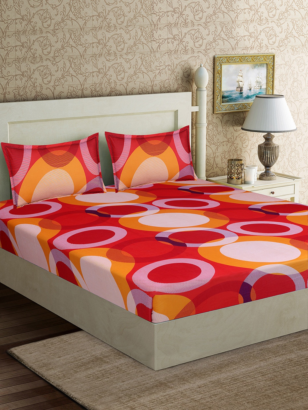 

Good Homes by Home Candy Red & Yellow Geometric 152 TC Polyester 1 Queen Bedsheet with 2 Pillow Covers