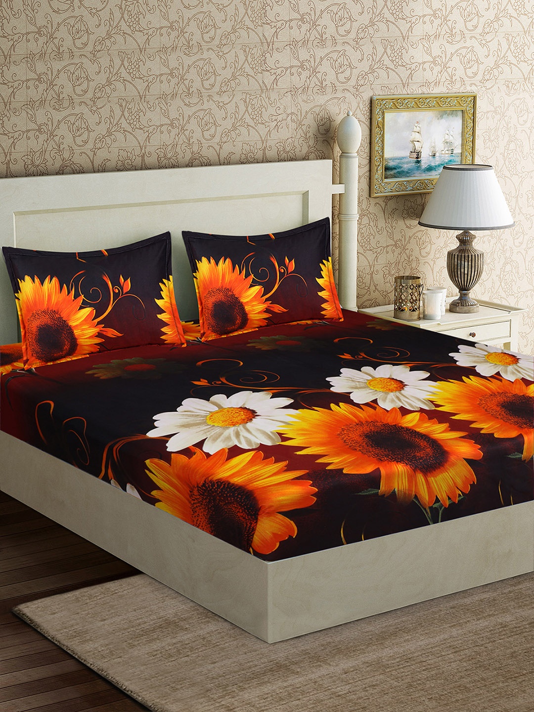 

Good Homes by Home Candy Orange & White Floral 152 TC Polyester 1 Queen Bedsheet with 2 Pillow Covers