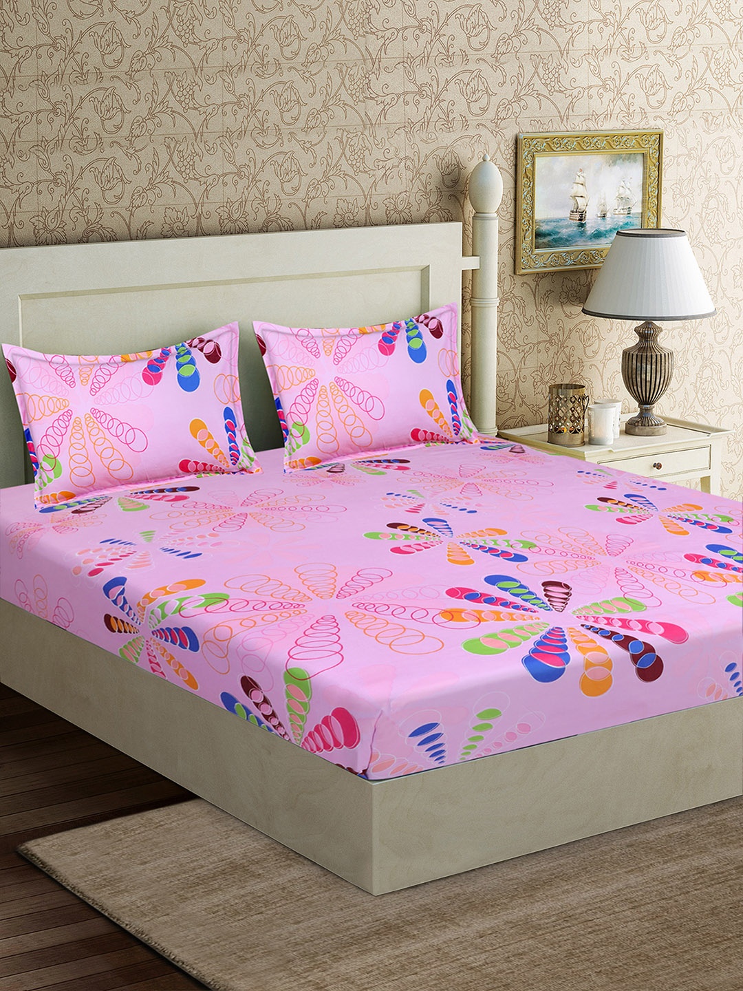 

Good Homes by Home Candy Pink & Blue Floral 152 TC Polyester 1 Queen Bedsheet with 2 Pillow Covers