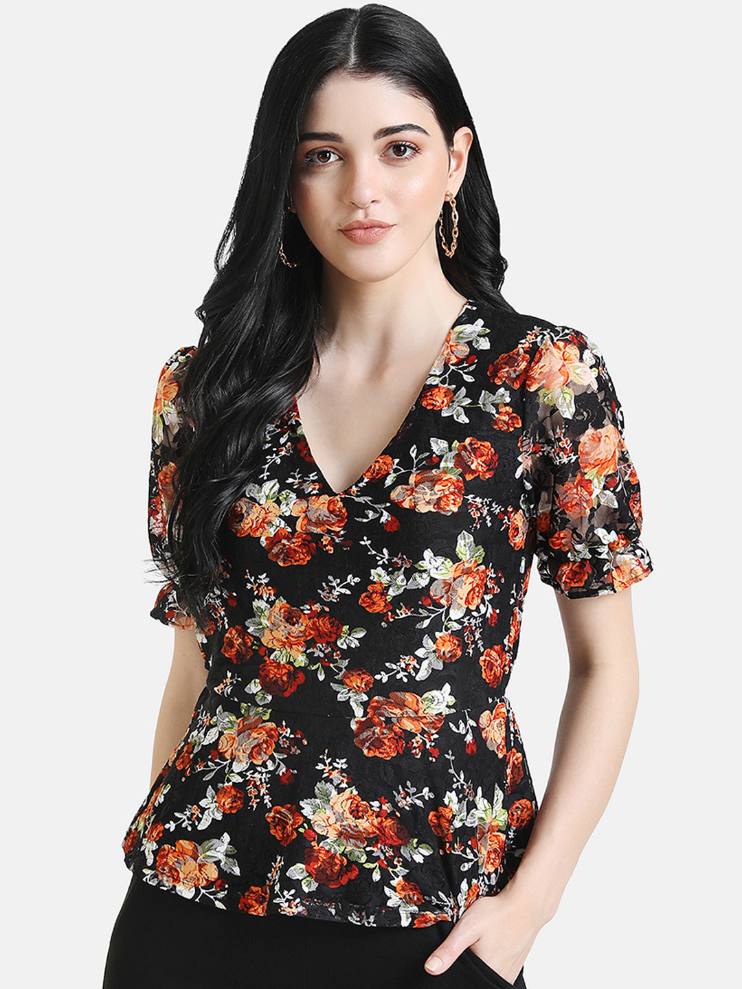 

Kazo Women Black Printed Peplum Top