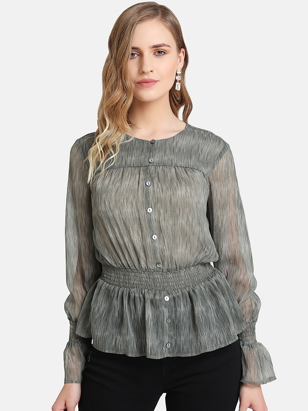 

Kazo Women Printed Cinched Waist Top, Grey