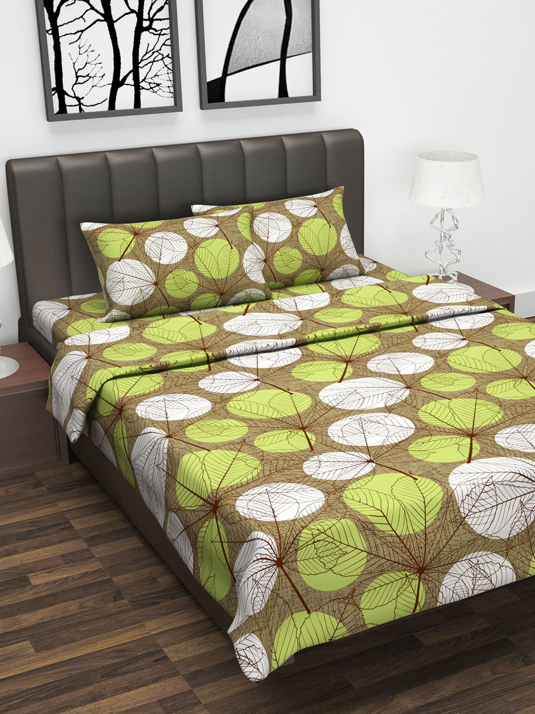 

Divine Casa Unisex Brown & Green Printed Double Bedsheet With 2 Pillow Covers & Double Bed Dohar