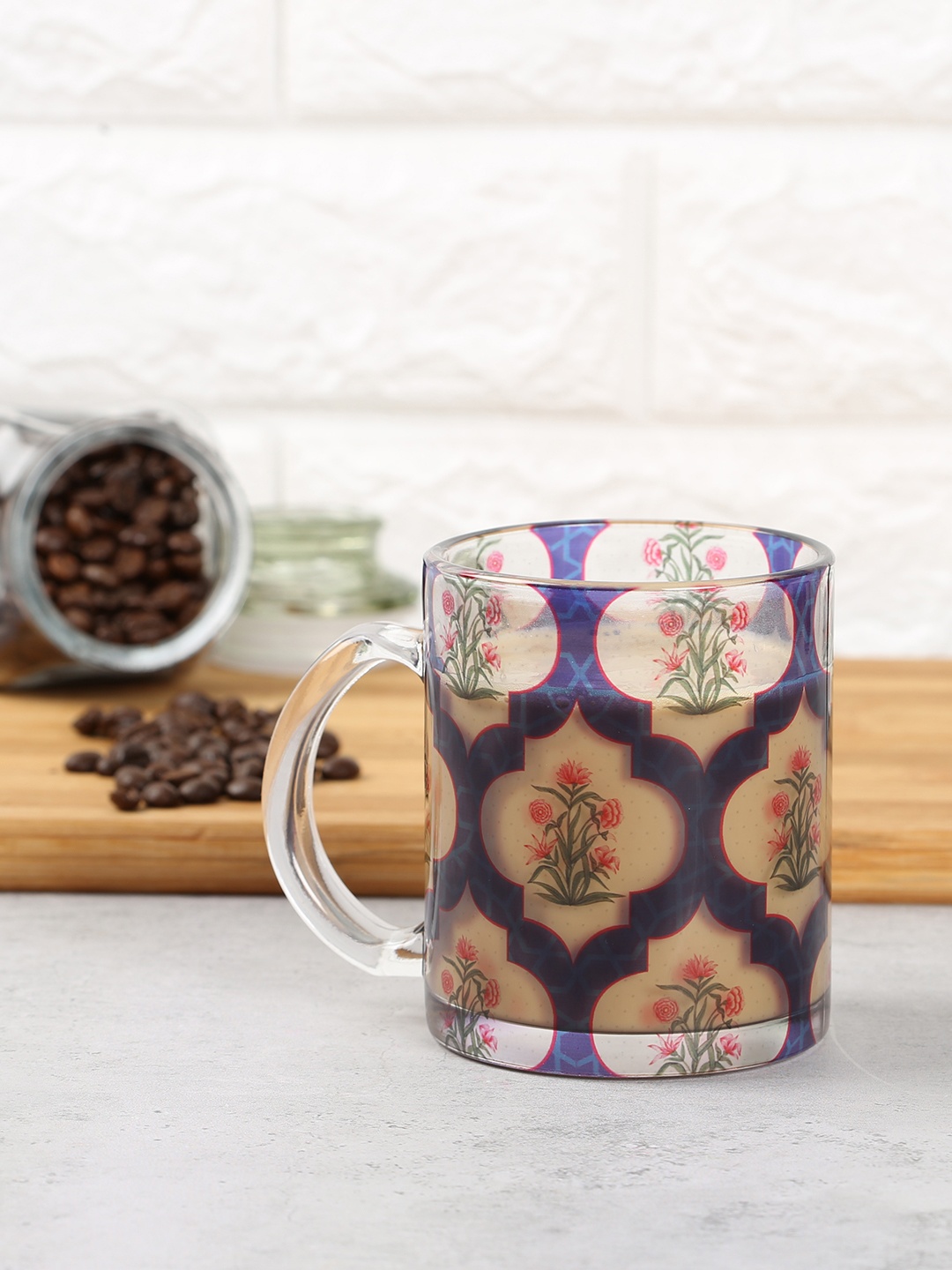 

India Circus by Krsnaa Mehta Blue & Pink Printed Poppy Flower Glass Mug 325 ml