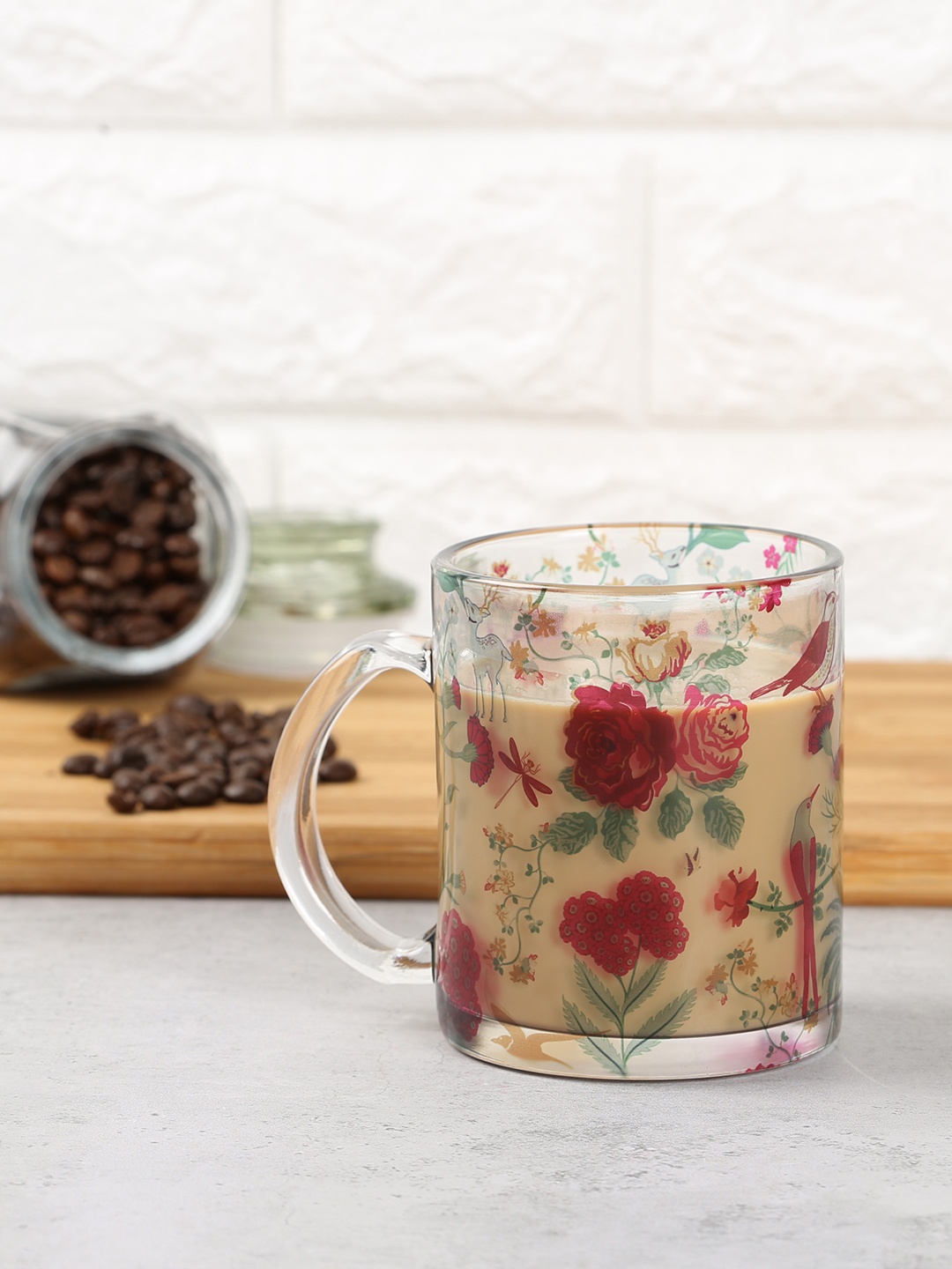 

India Circus by Krsnaa Mehta Red & Green Floral Glass Mug Set
