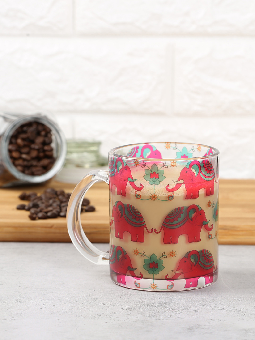 

India Circus by Krsnaa Mehta Pink & Green Printed Glass Mug