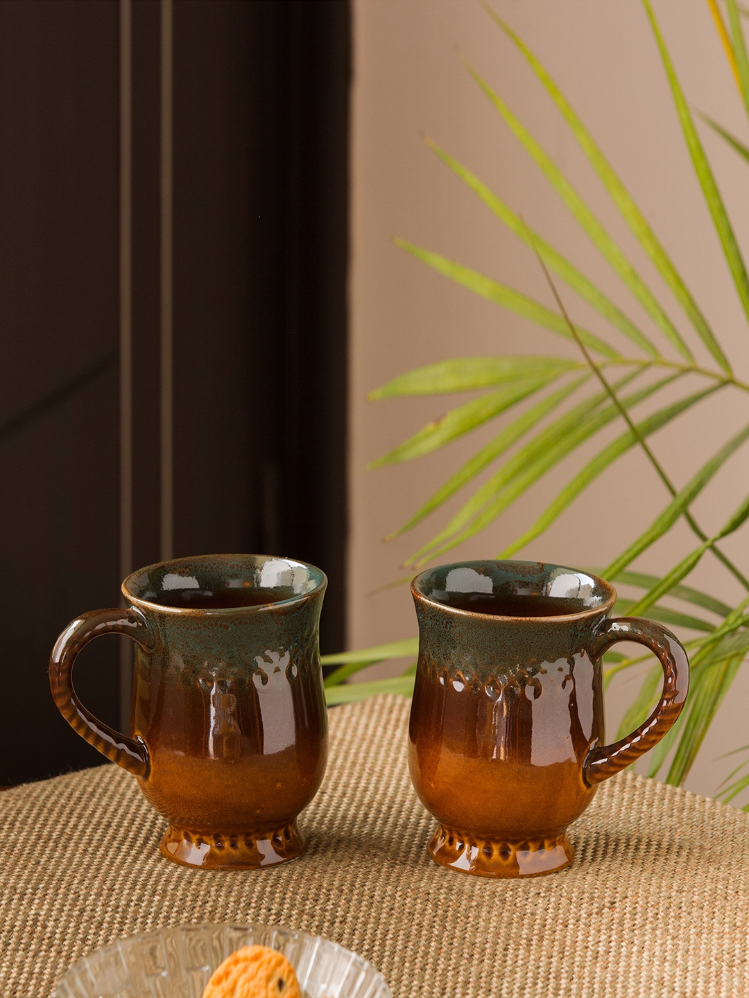

ExclusiveLane Set Of 2 Amber Teal Studio Pottery Ceramic Mugs, Brown