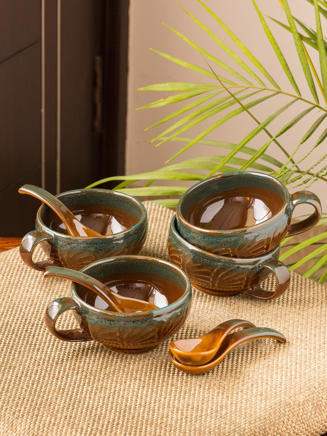 

ExclusiveLane Brown & Teal Green Set of 4 Printed Ceramic Soup Bowls With Spoons