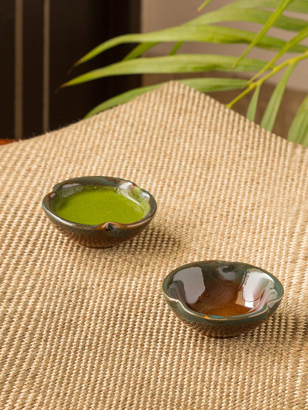 

ExclusiveLane Set Of 2 Amber & Teal Studio Pottery Chutney Pickle Bowls, Brown