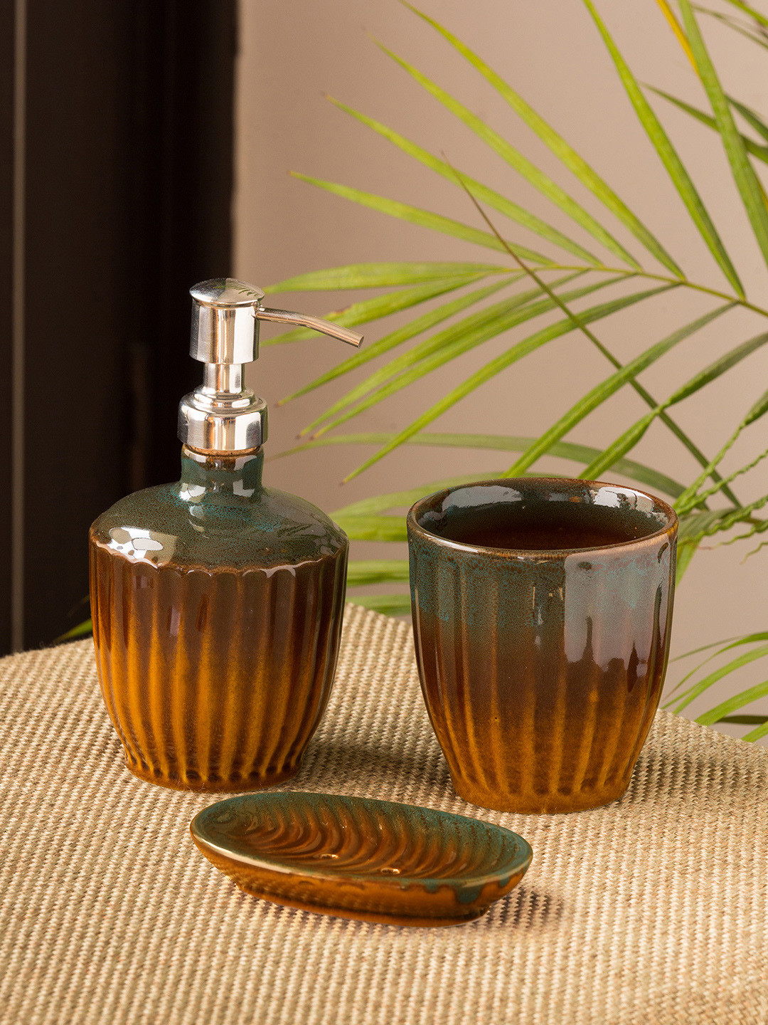 

ExclusiveLane Set Of 3 Brown & Teal Green Ceramic Studio Pottery Bathroom Accessories Set