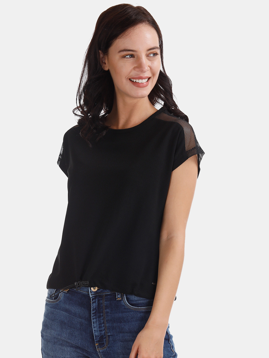

Flying Machine Women Black Solid Waist Tie-Up Top