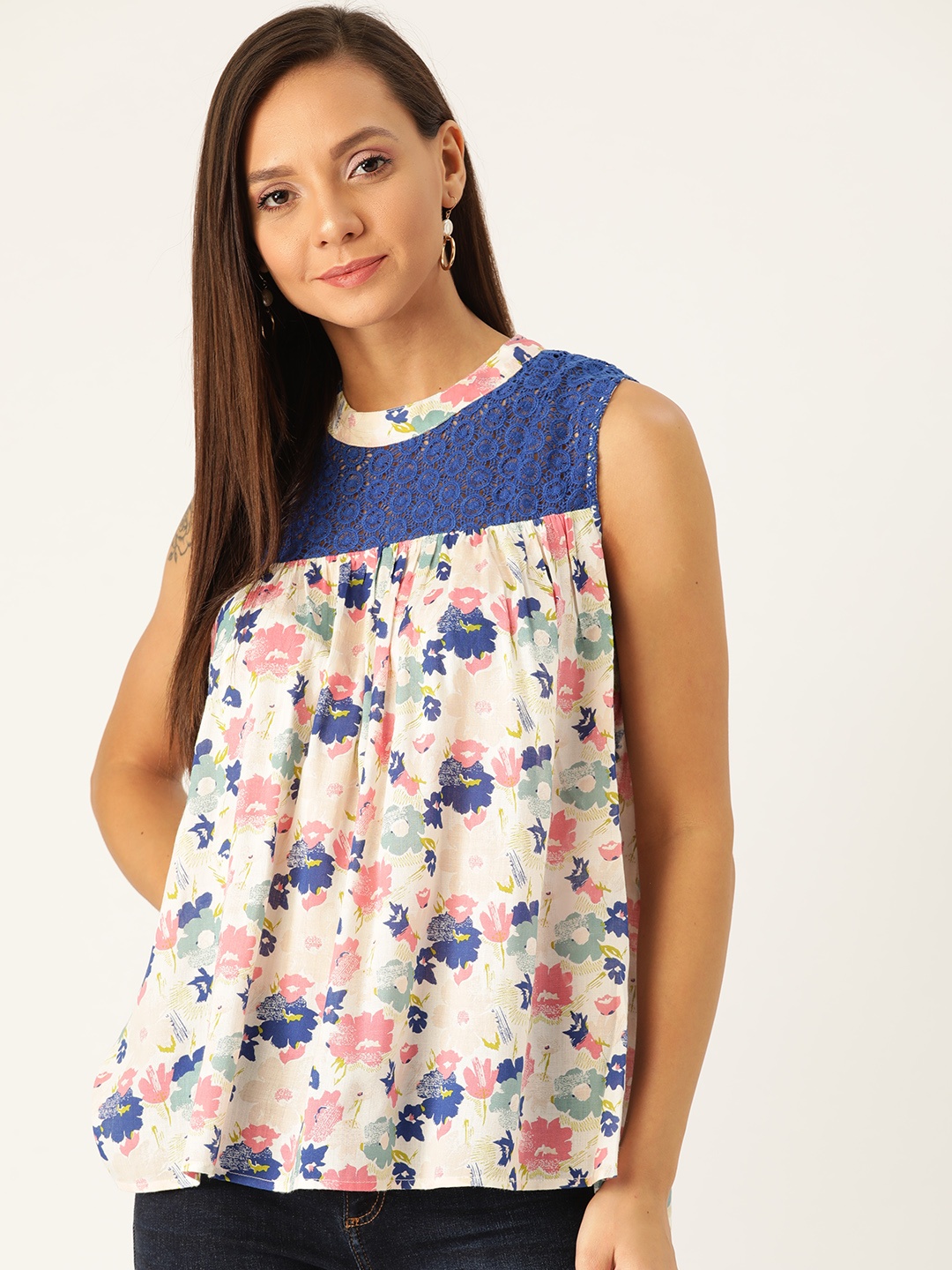 

Antheaa Women White & Blue Floral Print A-Line Top