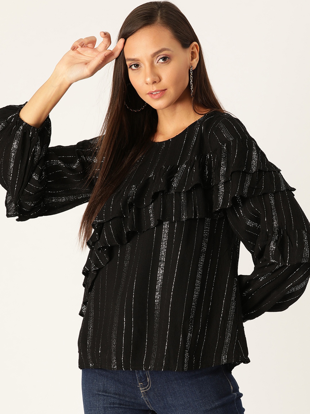 

Antheaa Women Black & Silver Striped Ruffled A-LIne Top