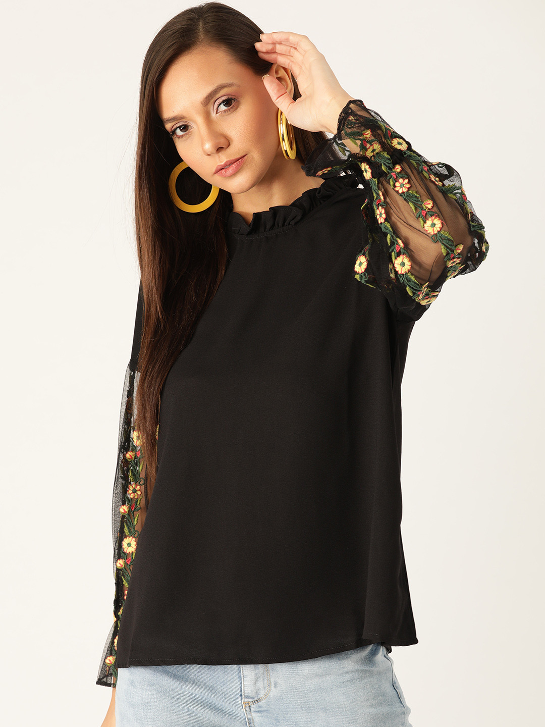 

Antheaa Women Black Floral Embroidered Solid Top
