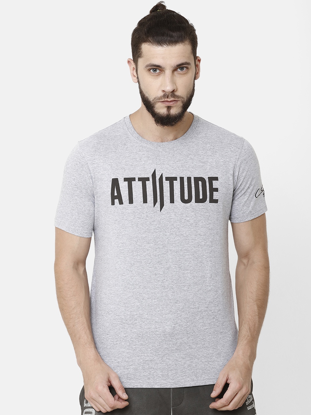 

ATTIITUDE Men Grey Melange Printed Round Neck Pure Cotton Slim Fit T-shirt