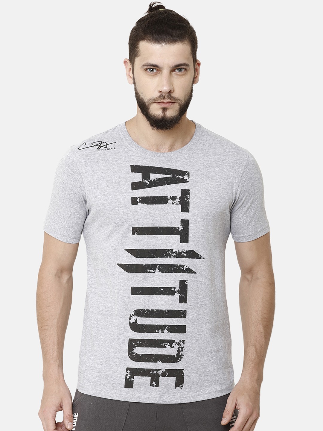 

ATTIITUDE Men Grey Melange Printed Round Neck Pure Cotton Slim Fit T-shirt