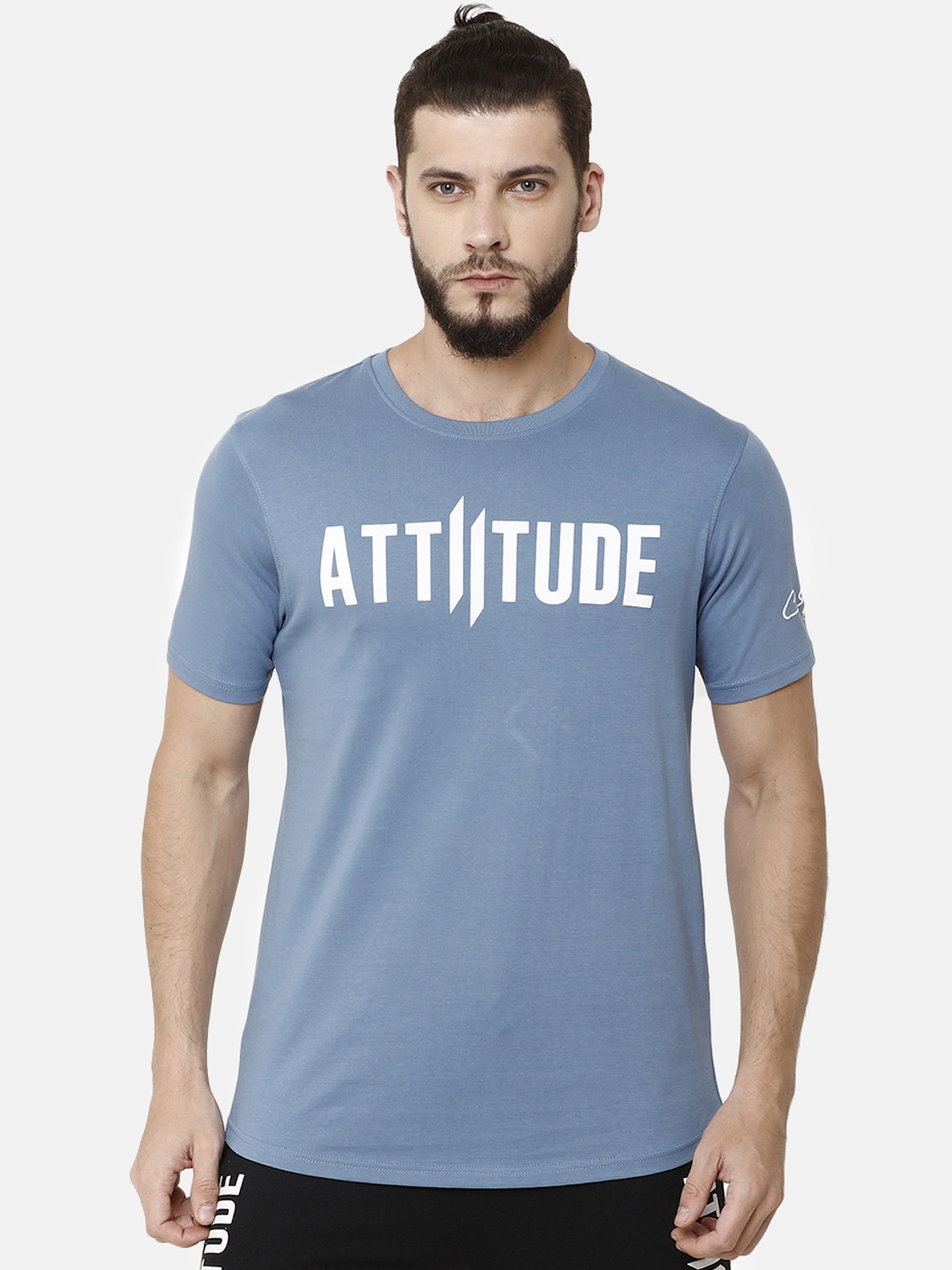 

ATTIITUDE Men Turquoise Blue Printed Round Neck Pure Cotton Slim Fit T-shirt