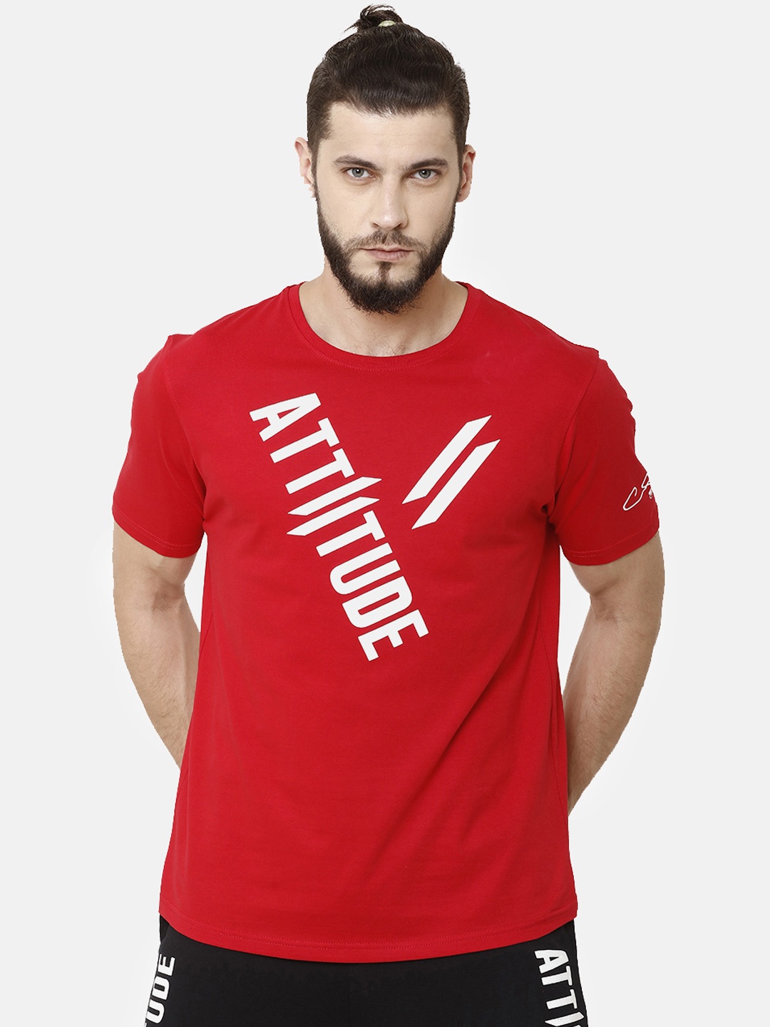 

ATTIITUDE Men Red Printed Round Neck Pure Cotton Slim Fit T-shirt