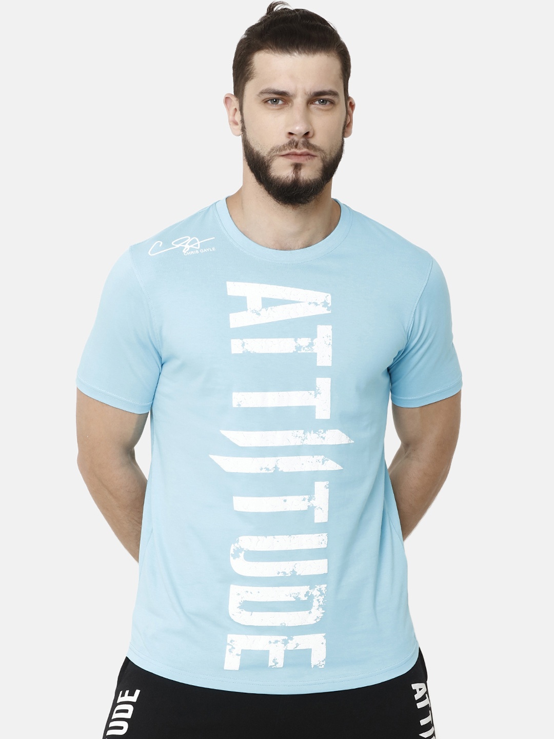 

ATTIITUDE Men Blue Printed Round Neck Pure Cotton T-shirt