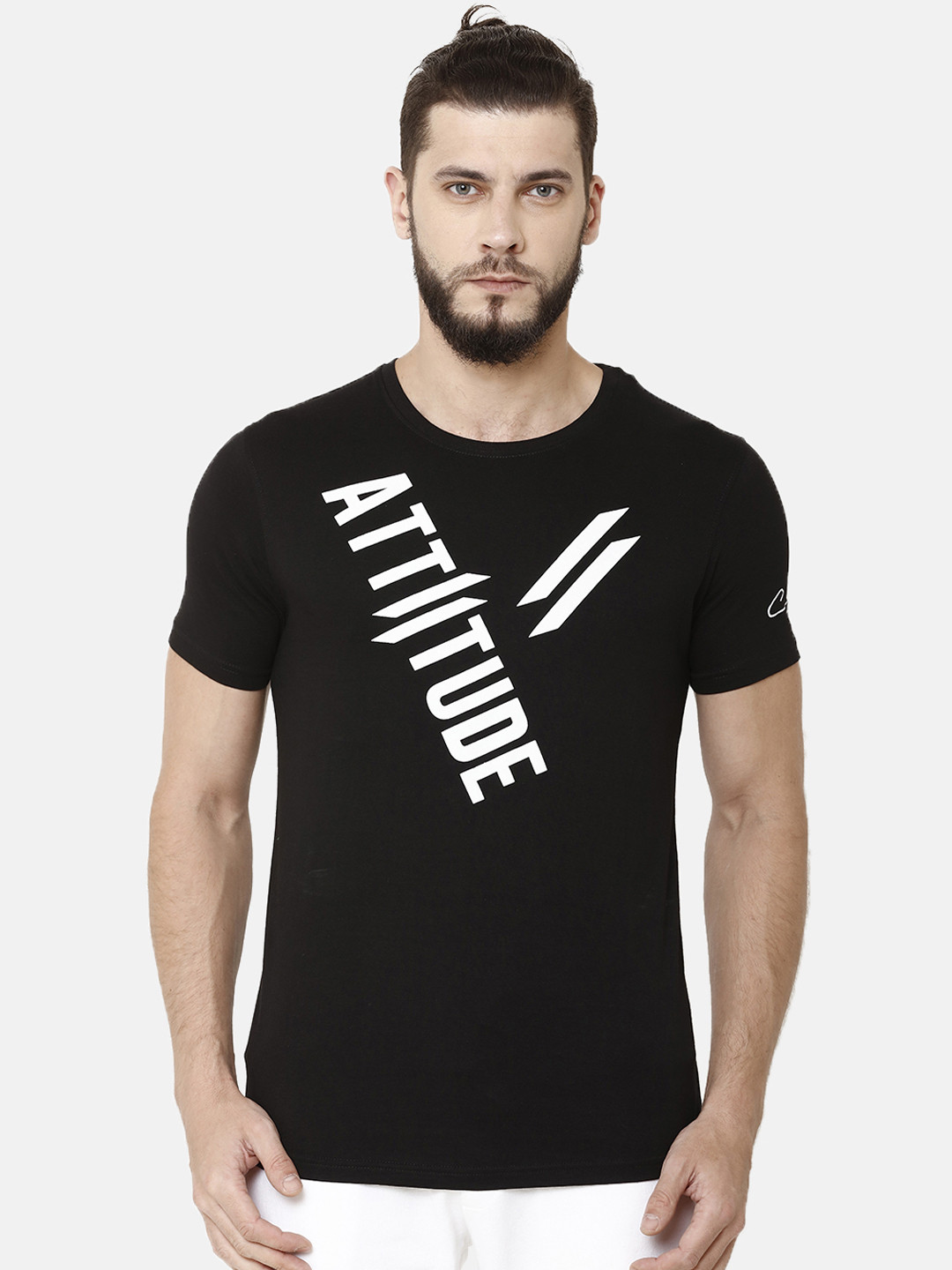 

ATTIITUDE Men Black Printed Round Neck Pure Cotton Slim Fit T-shirt
