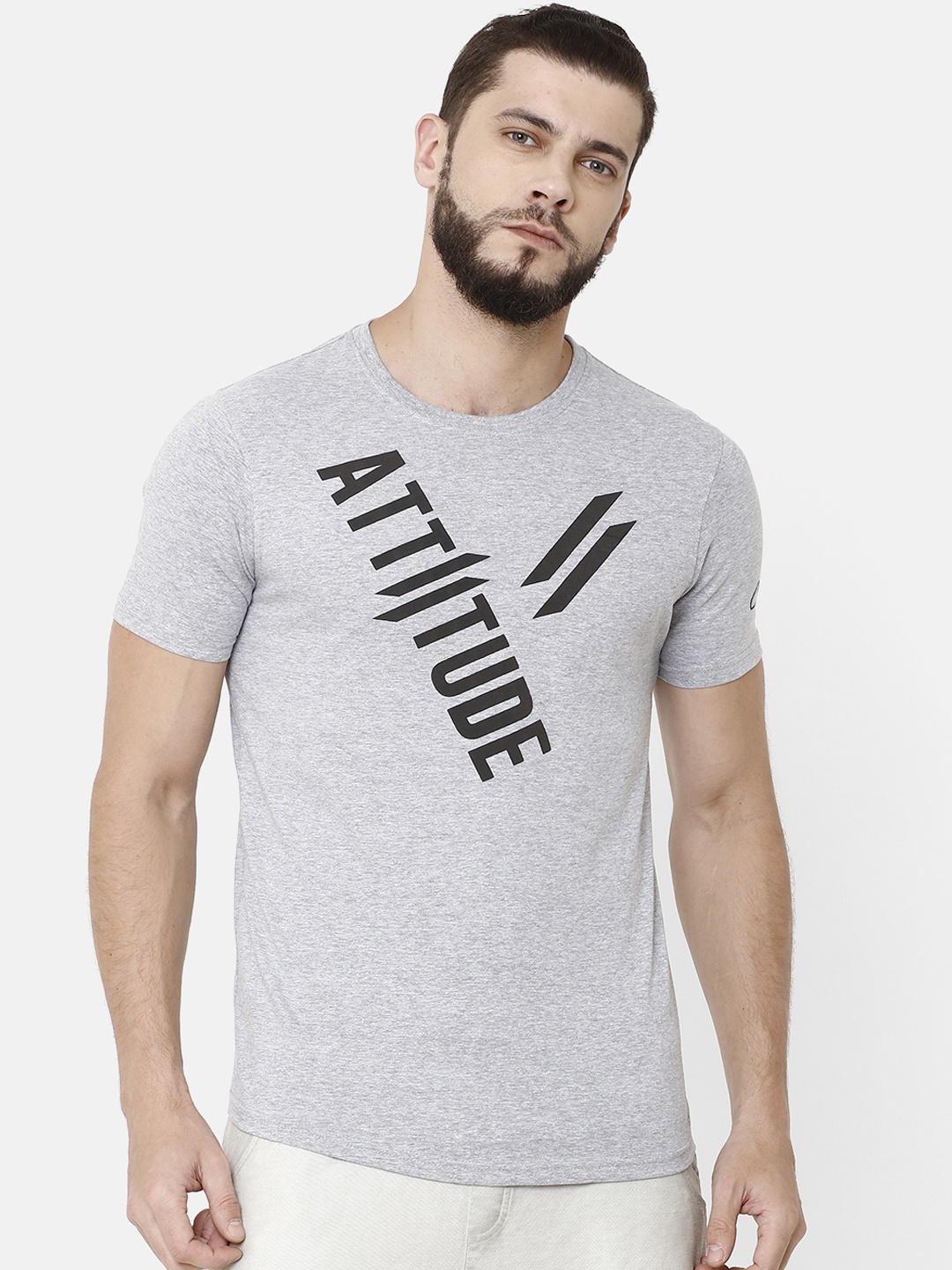 

ATTIITUDE Men Grey Melange Black Printed Round Neck Pure Cotton Slim Fit T-shirt