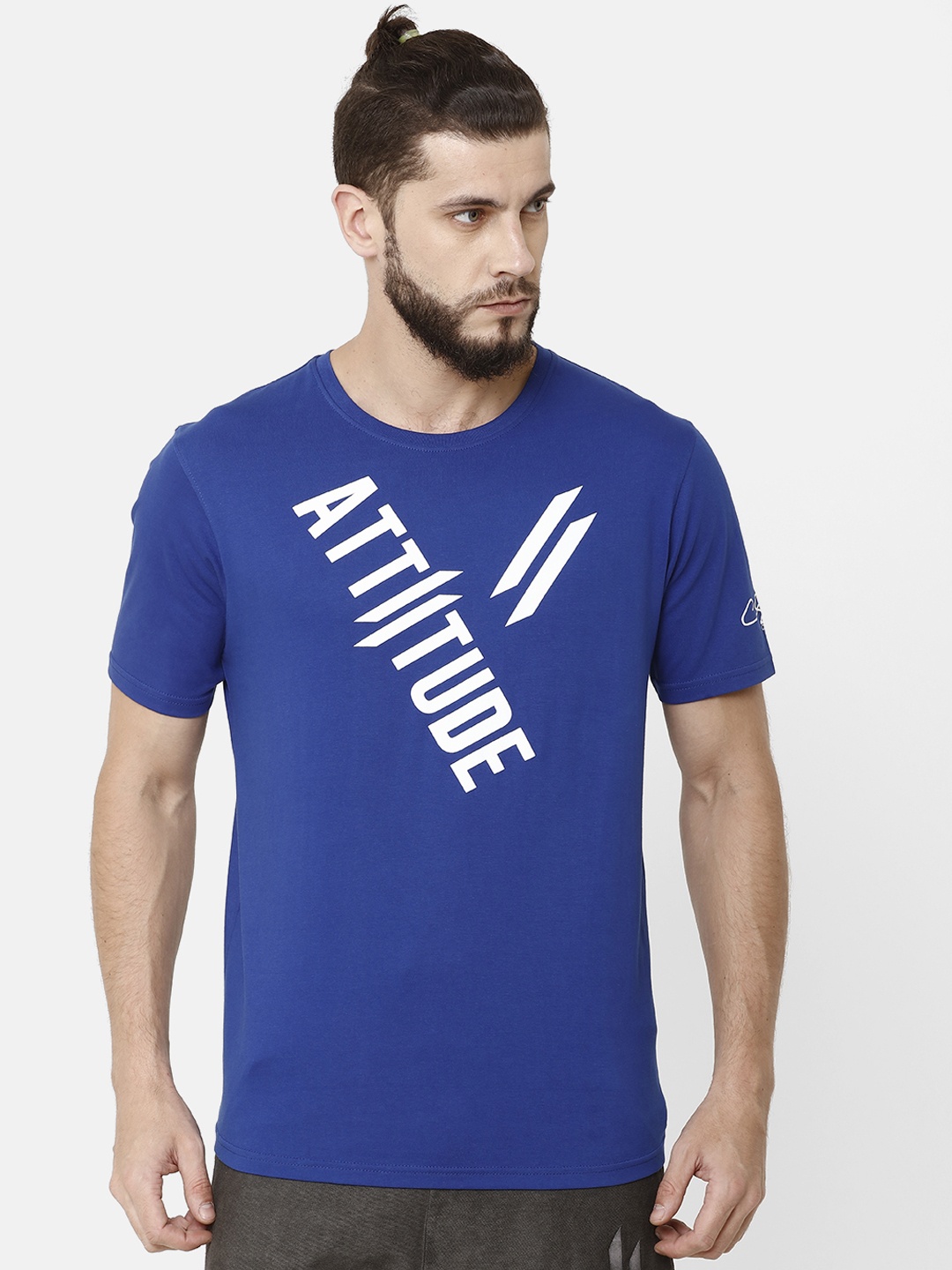 

ATTIITUDE Men Blue Printed Round Neck Pure Cotton Slim Fit T-shirt