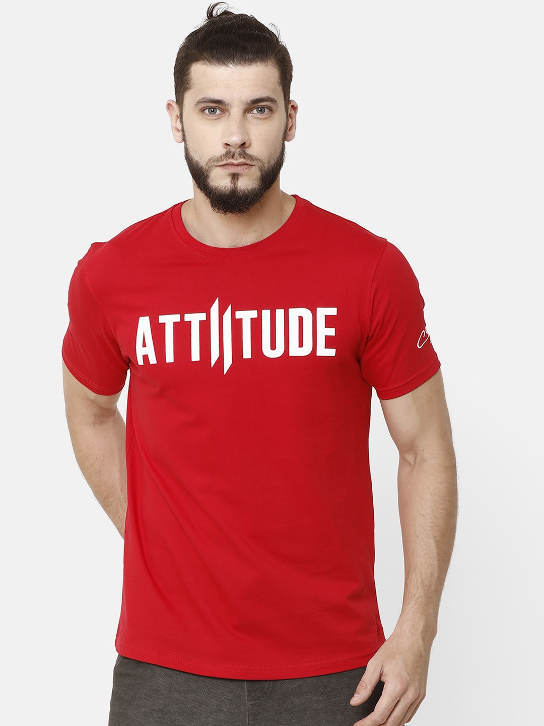 

ATTIITUDE Men Red Printed Round Neck Pure Cotton Slim Fit T-shirt