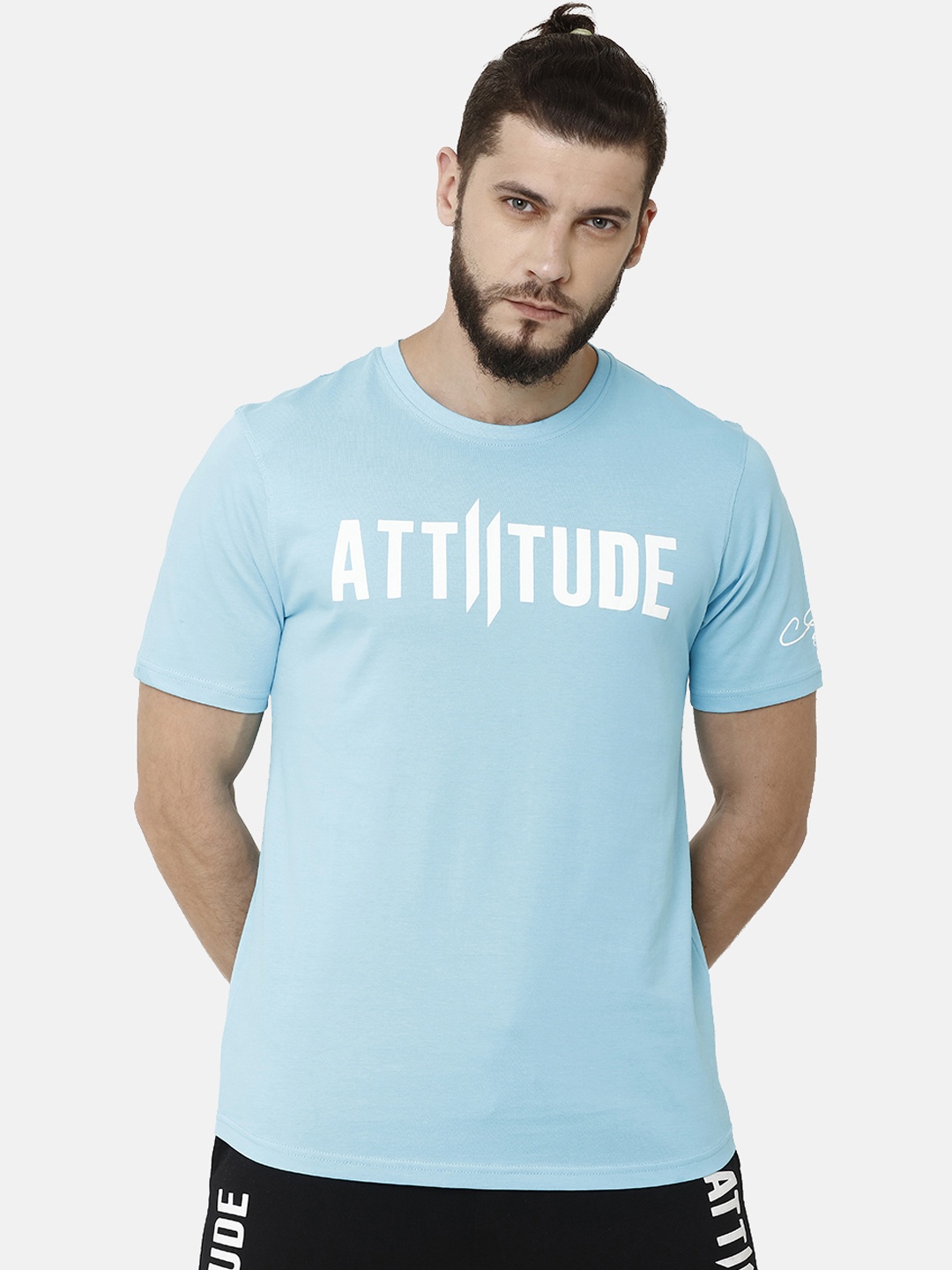 

ATTIITUDE Men Blue Printed Round Neck Pure Cotton Slim Fit T-shirt