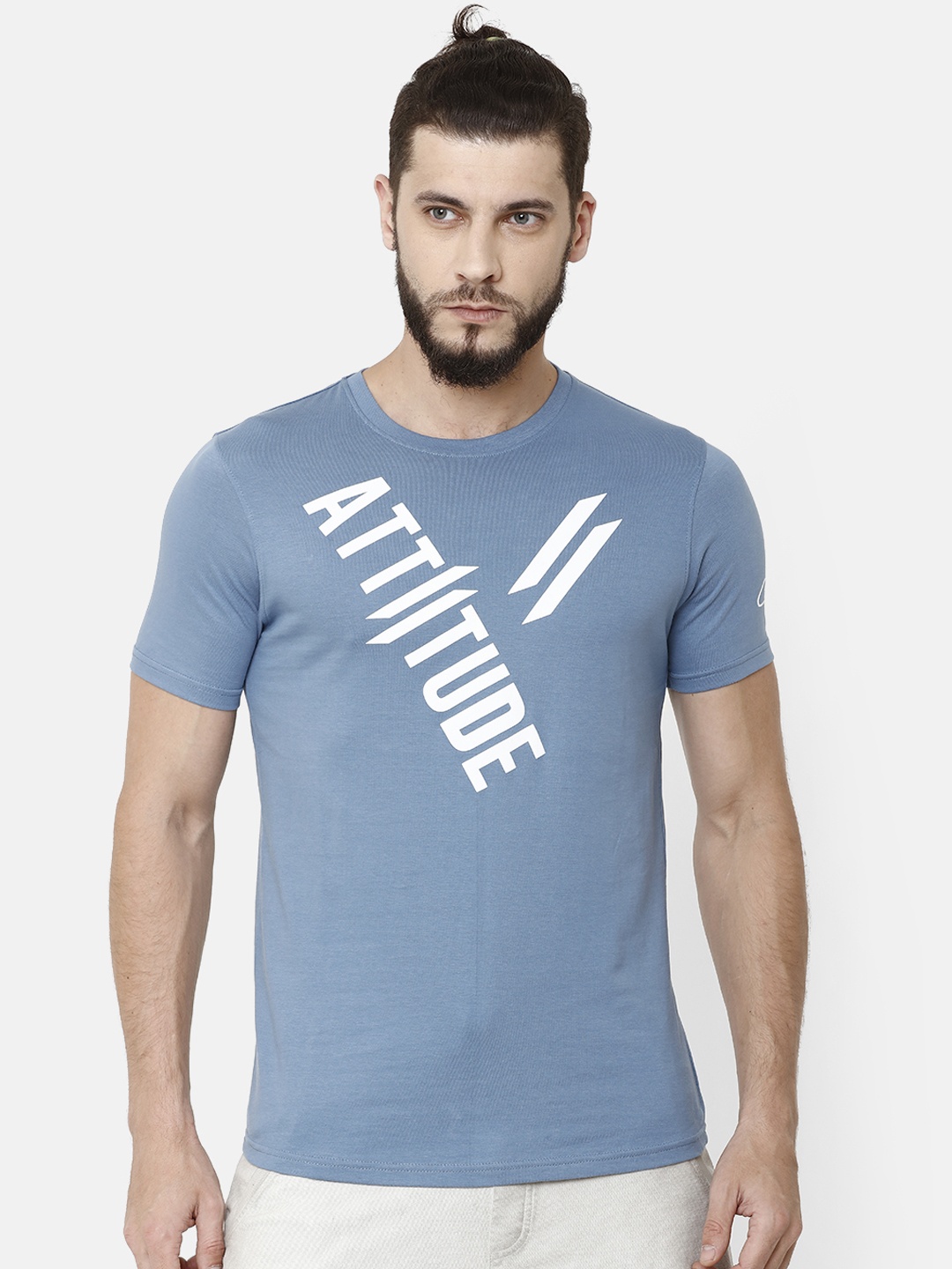 

ATTIITUDE Men Blue Printed Round Neck Pure Cotton Slim Fit T-shirt
