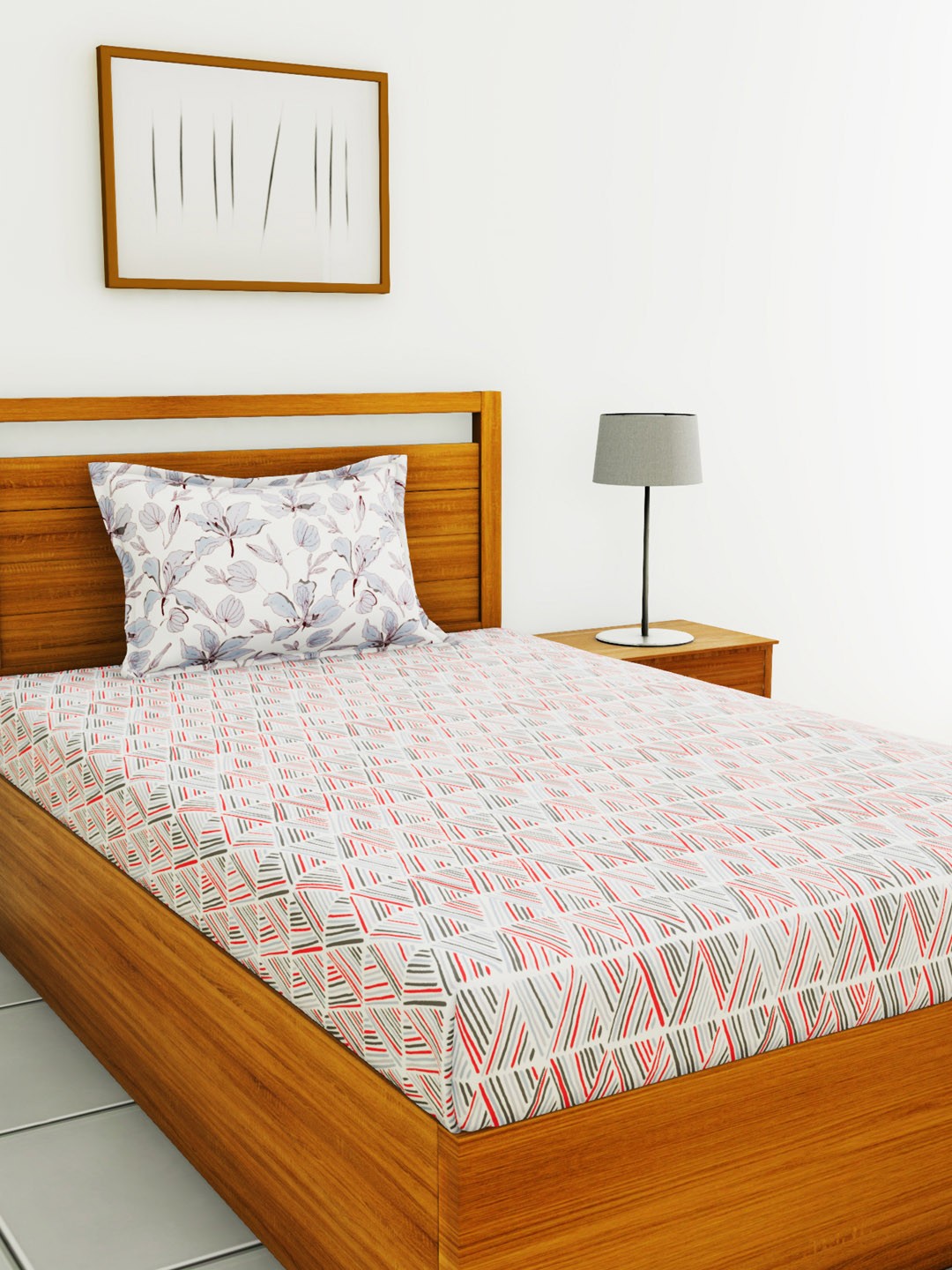 

BIANCA Grey & Red Abstract 144 TC Cotton 1 Single Bedsheet with 1 Pillow Covers