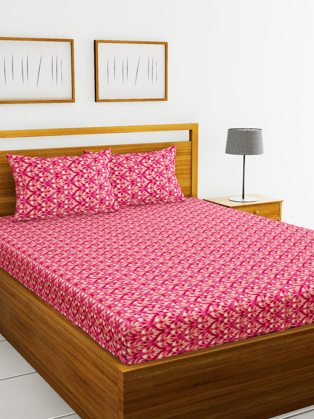 

BIANCA Pink & Beige Abstract 110 TC Cotton 1 Queen Bedsheet with 2 Pillow Covers