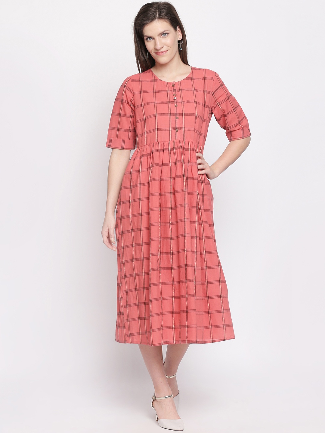 

AKKRITI BY PANTALOONS Women Coral Pink & Black Checked Fit and Flare Dress