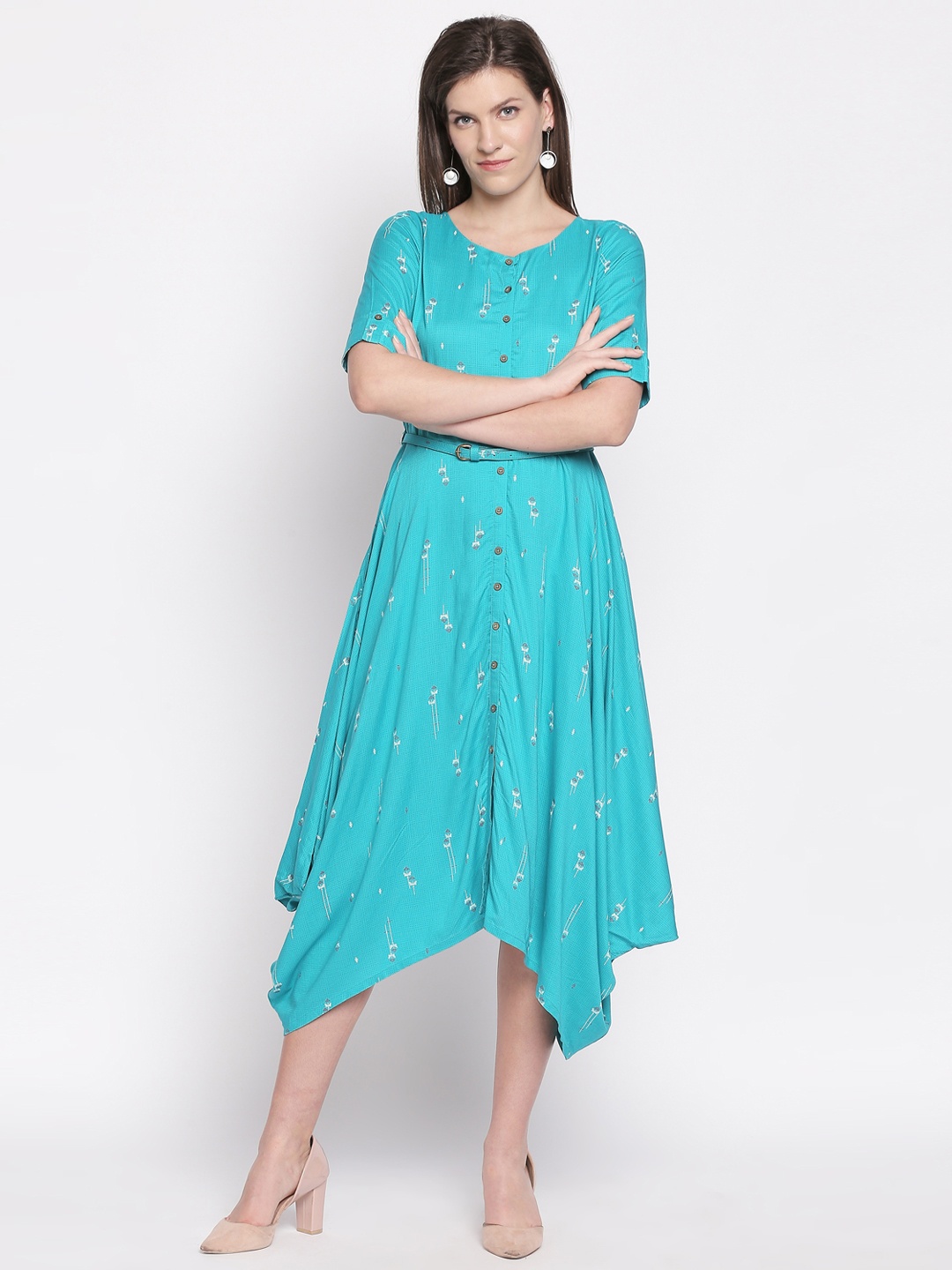 

AKKRITI BY PANTALOONS Women Turquoise Blue Printed A-Line Dress