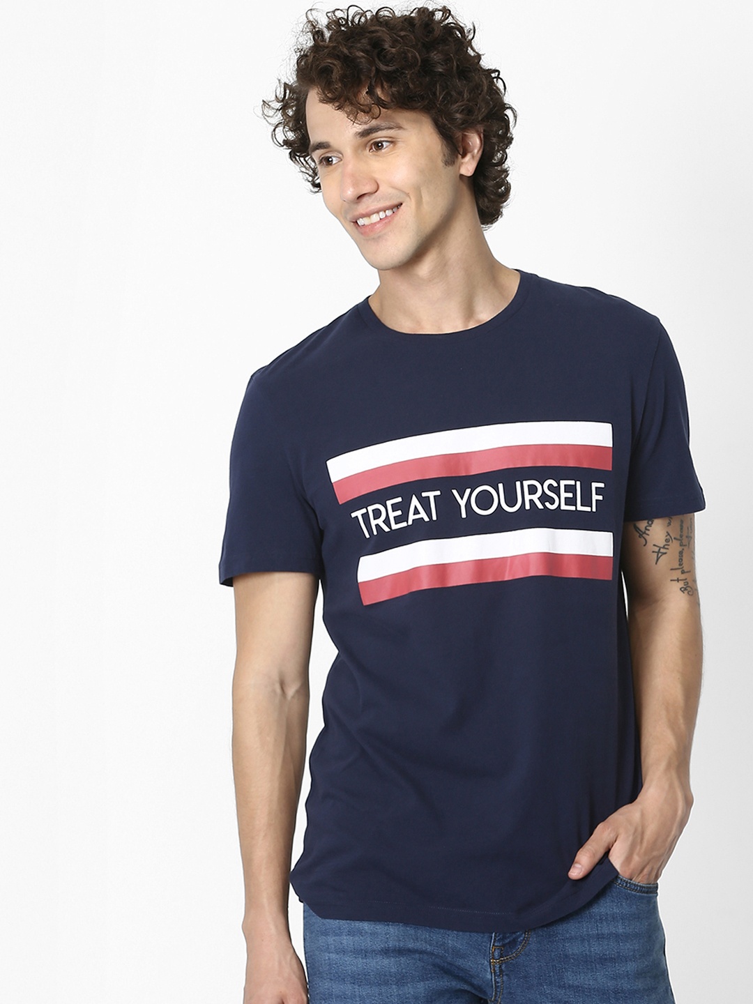 

Celio Men Navy Blue Printed Round Neck Pure Cotton T-shirt