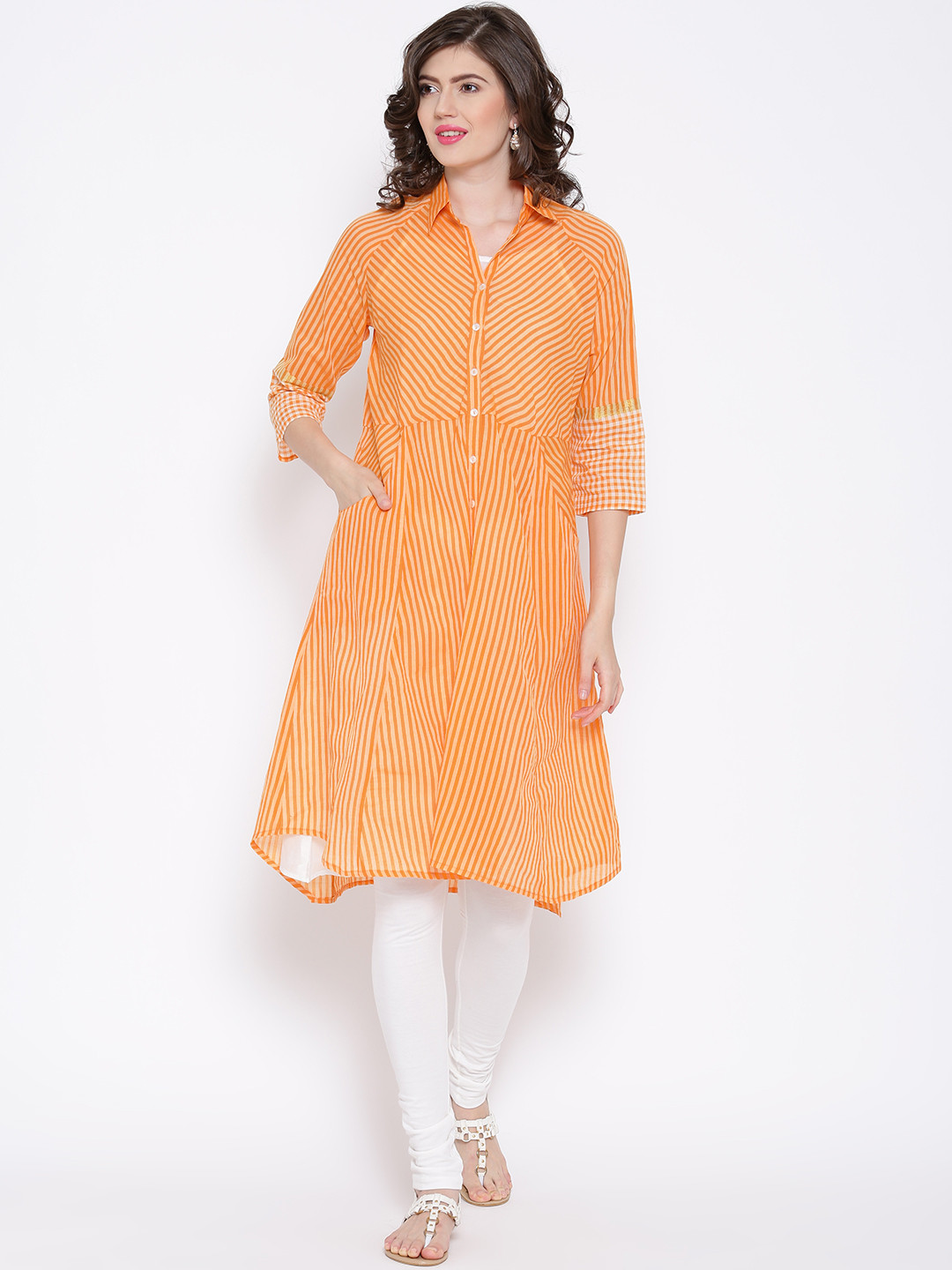 

BIBA Orange & Off-White Striped A-Line Kurta