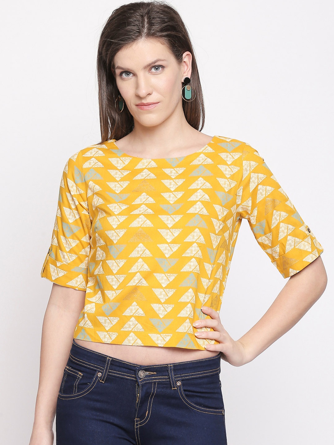

AKKRITI BY PANTALOONS Women Yellow Printed Top