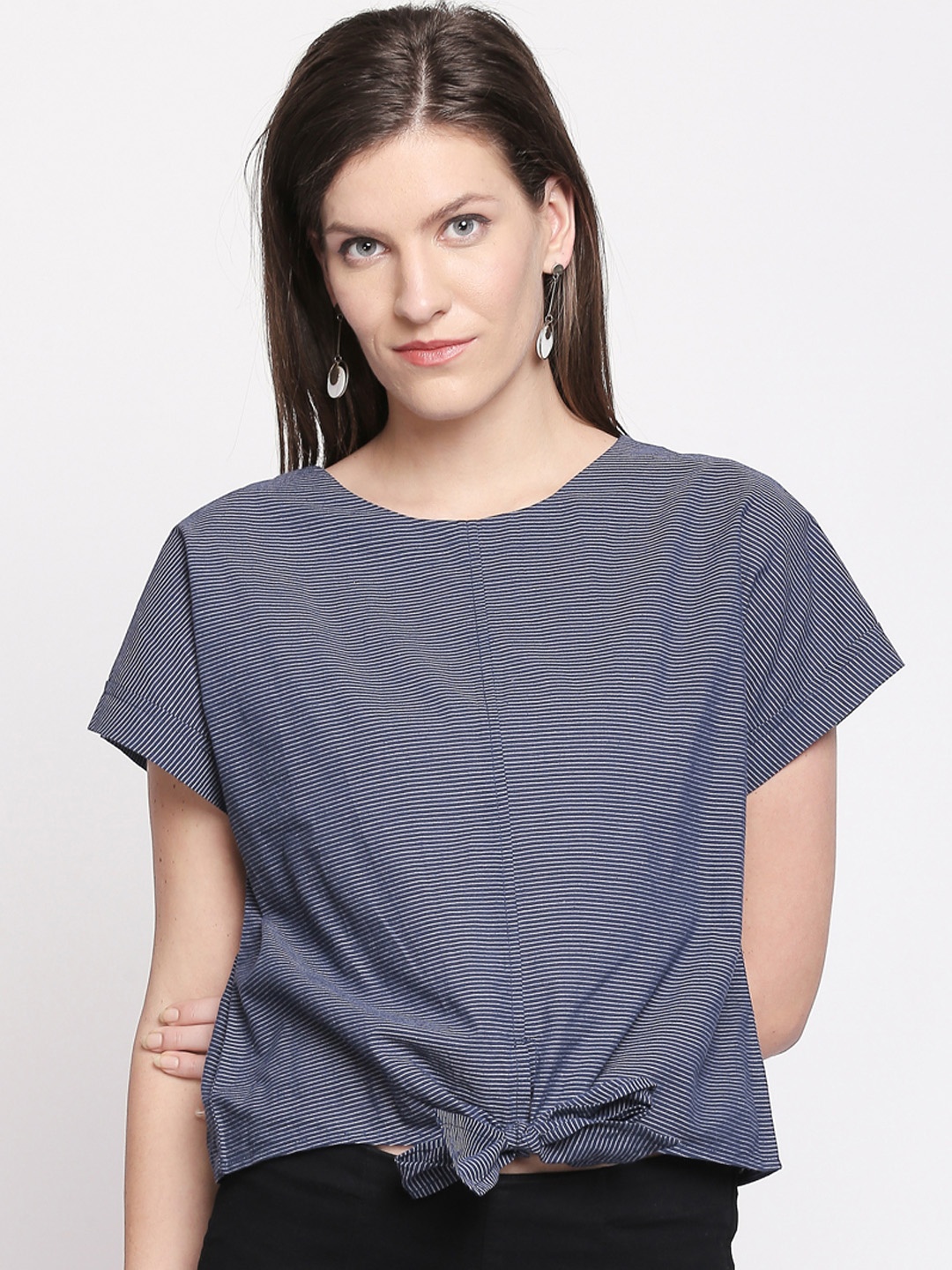 

AKKRITI BY PANTALOONS Women Blue Striped Pure Cotton Top