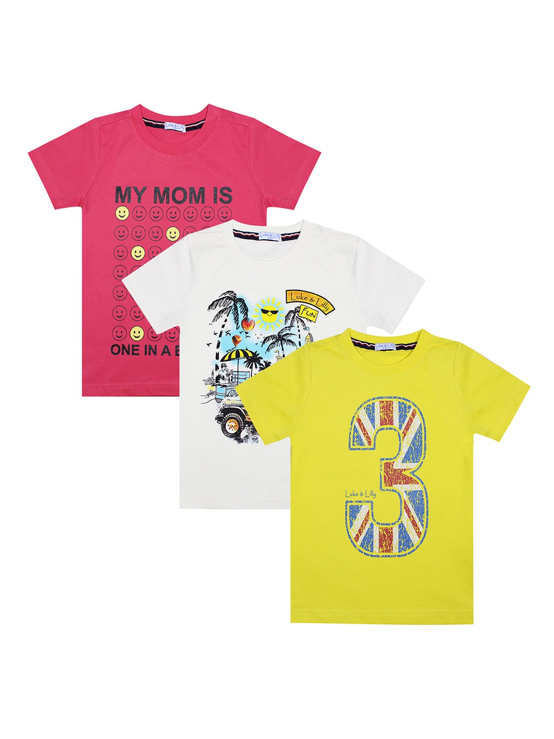 

Luke Lilly Boys Set of 3 Printed Round Neck Pure Cotton T-shirts, Yellow