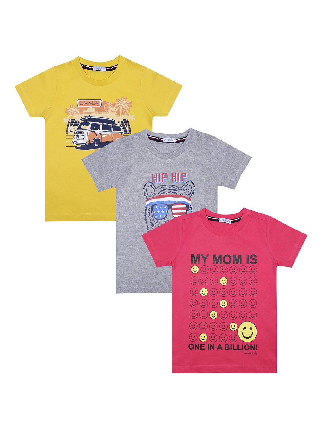 

Luke Lilly Boys Set of 3 Printed Round Neck Pure Cotton T-shirts, Yellow