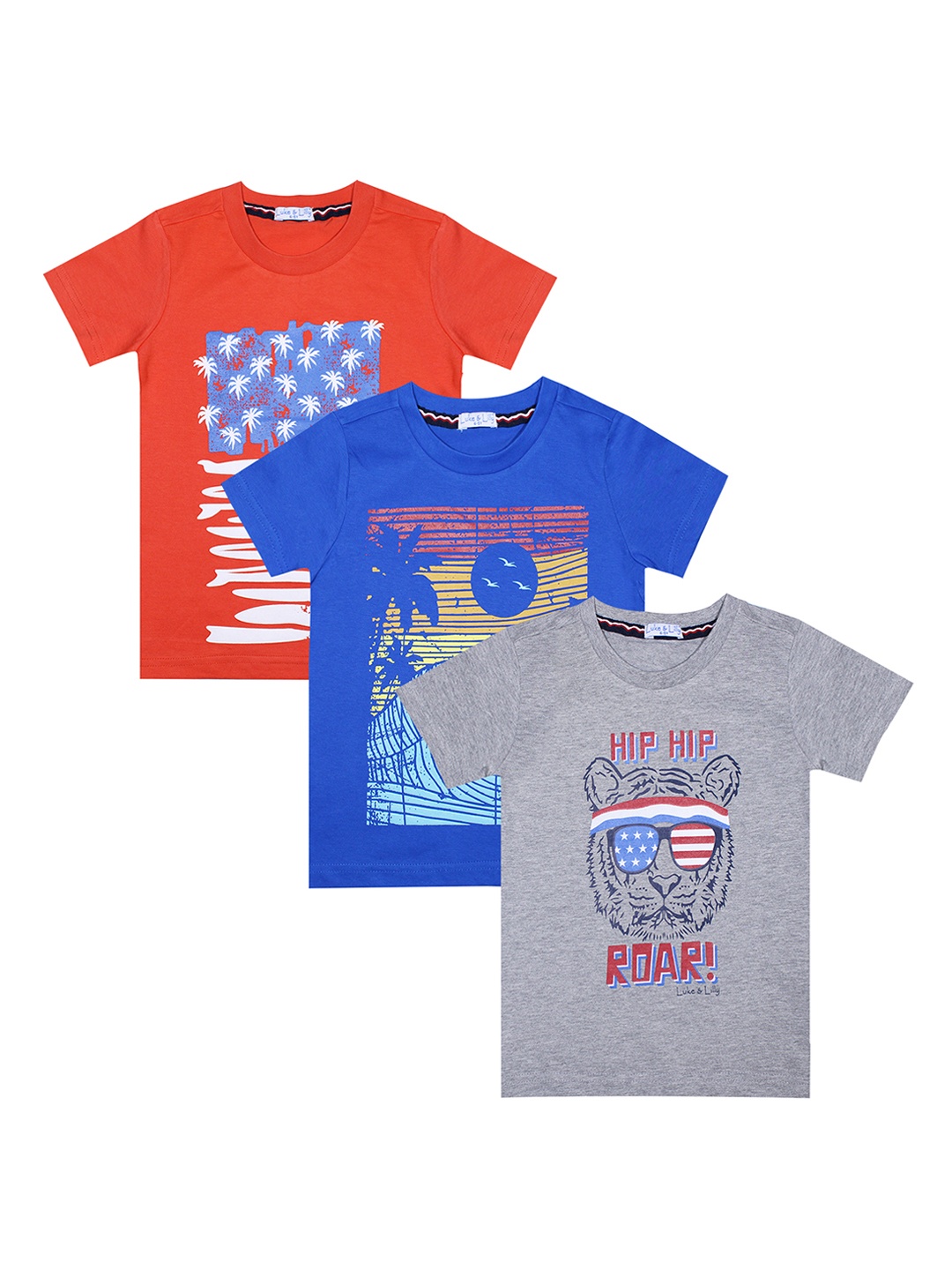 

Luke Lilly Boys Set of 3 Printed Round Neck Pure Cotton T-shirts, Orange
